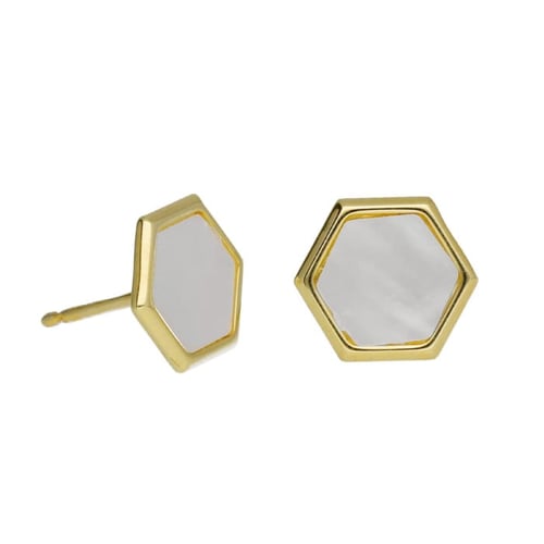 Honey gold-plated mother of pearl hexagonal medal with bee shape doble long earrings