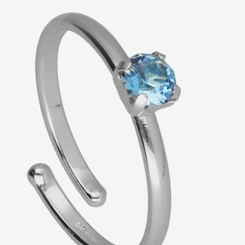 Ryver rhodium-plated adjustable ring with Aquamarine crystal in circle shape