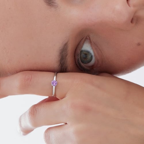 Ryver rhodium-plated adjustable ring with Violet crystal in circle shape