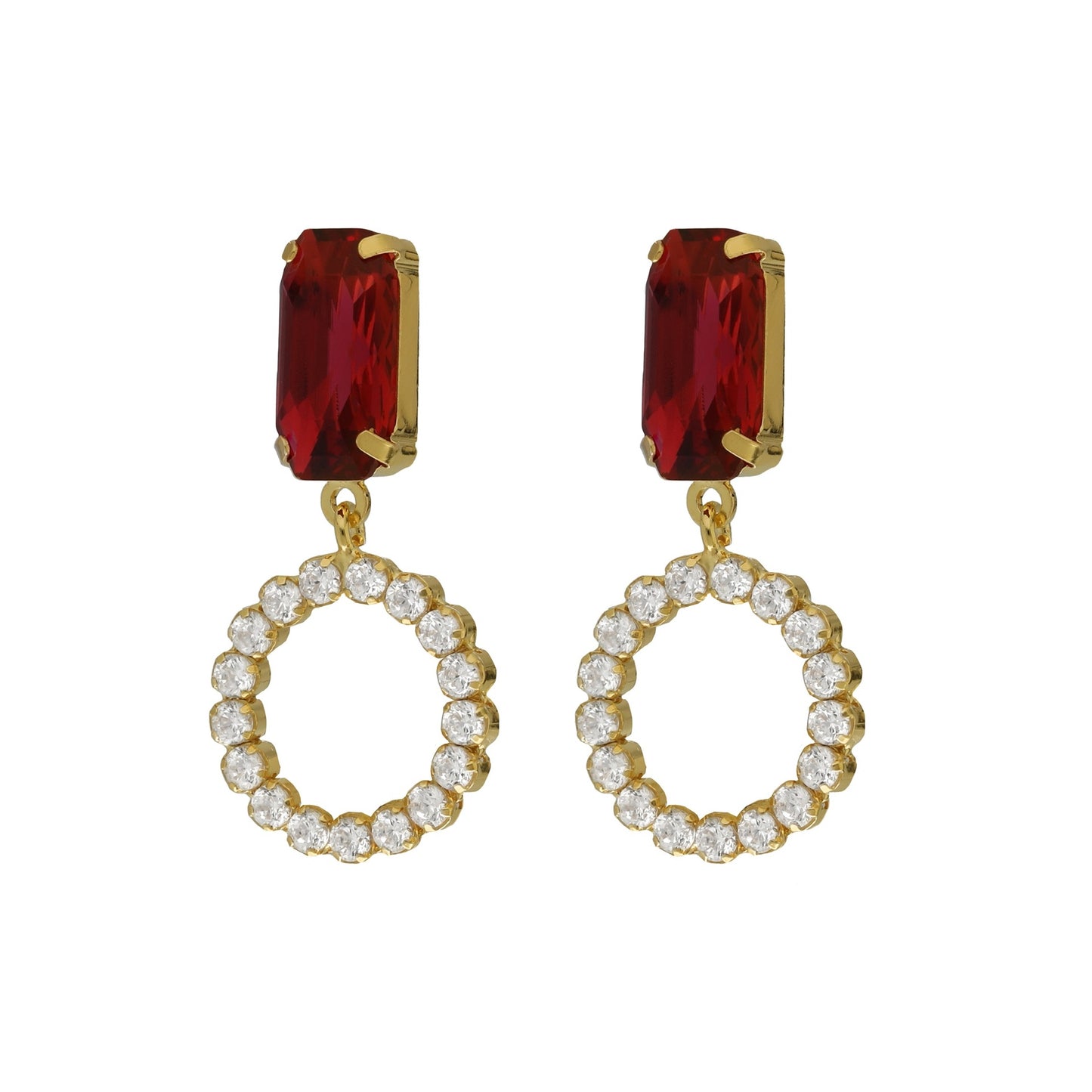 Gold plated Sterling Silver Long earrings circle red crystal from Ginger