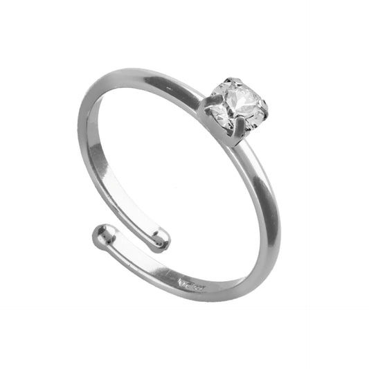 Adjustable solitaire ring with crystal in rhodium plated silver from Clarity