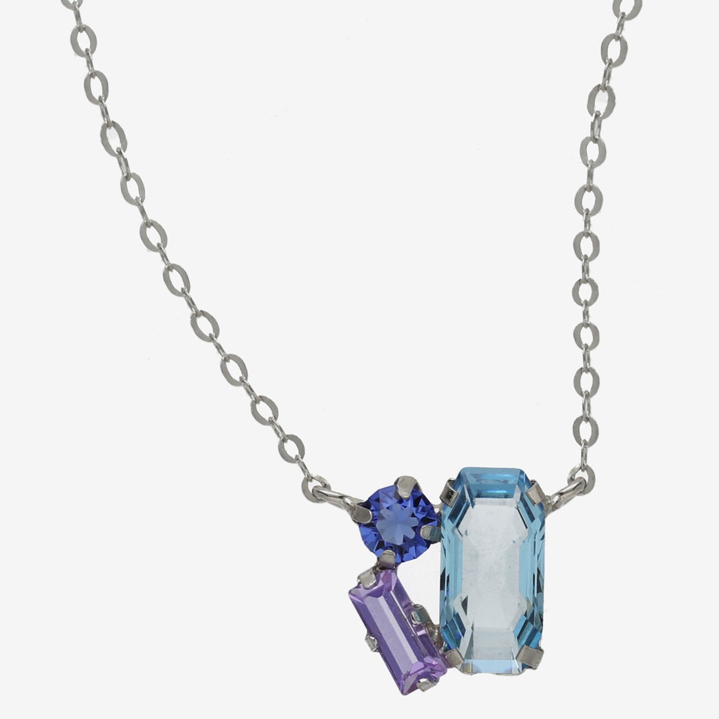 Rhodium Plated Sterling Silver Short necklace rectangle blue crystal from Inspire