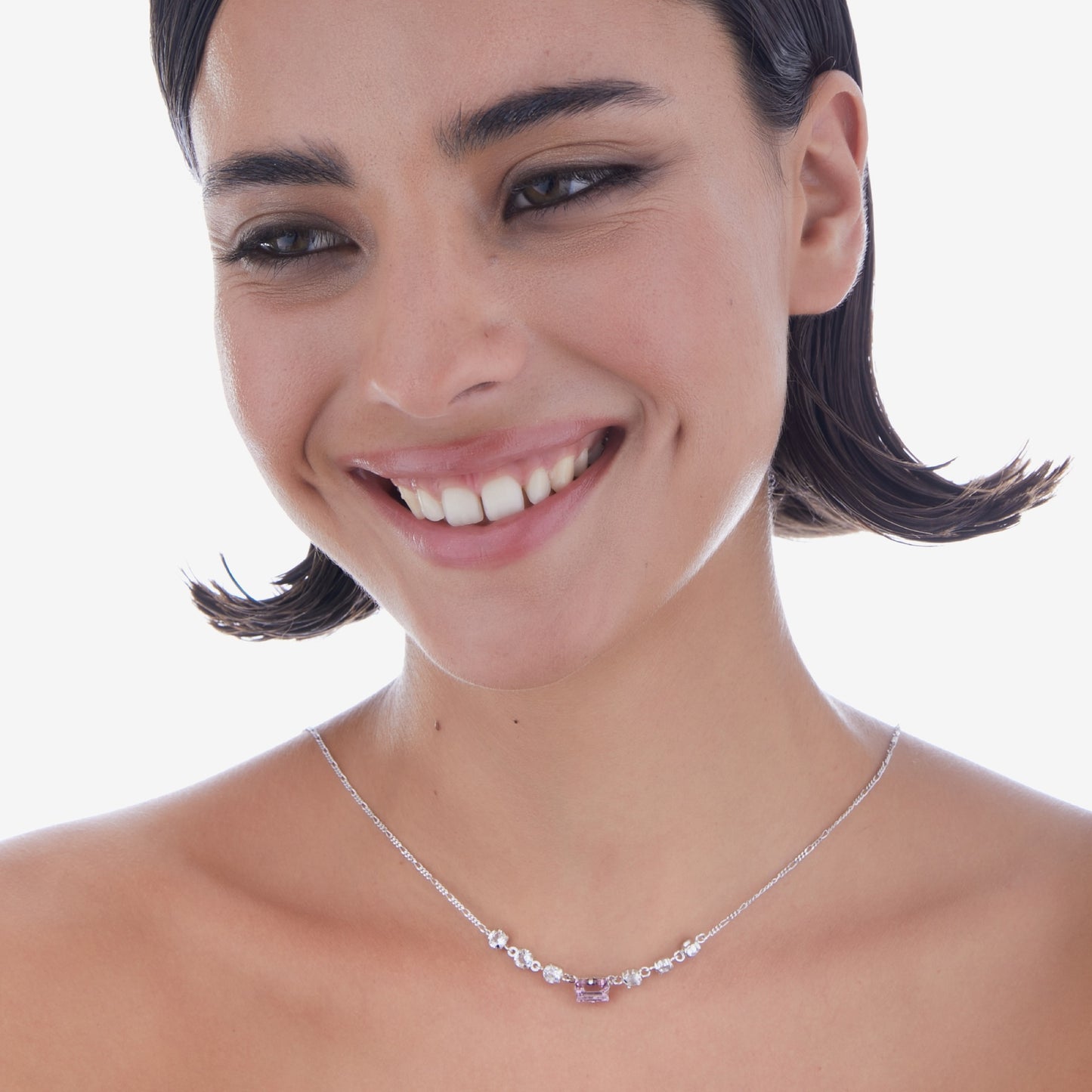 Rhodium Plated Sterling Silver Short necklace rectangle crystal from Serenity