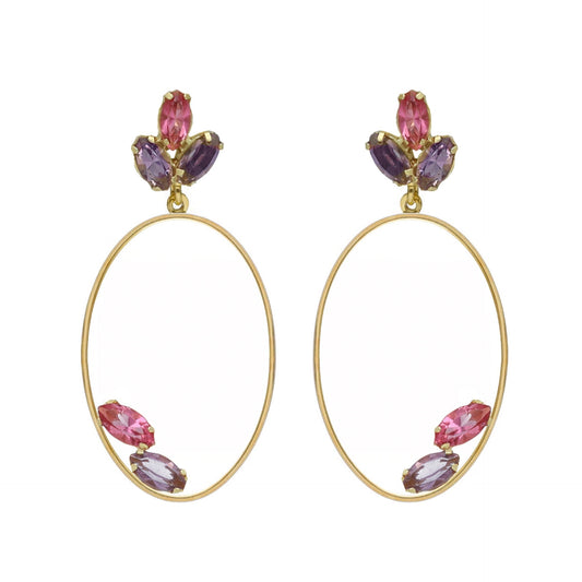 Pendientes largos oval cristal rosa en Plata baño Oro de Lia