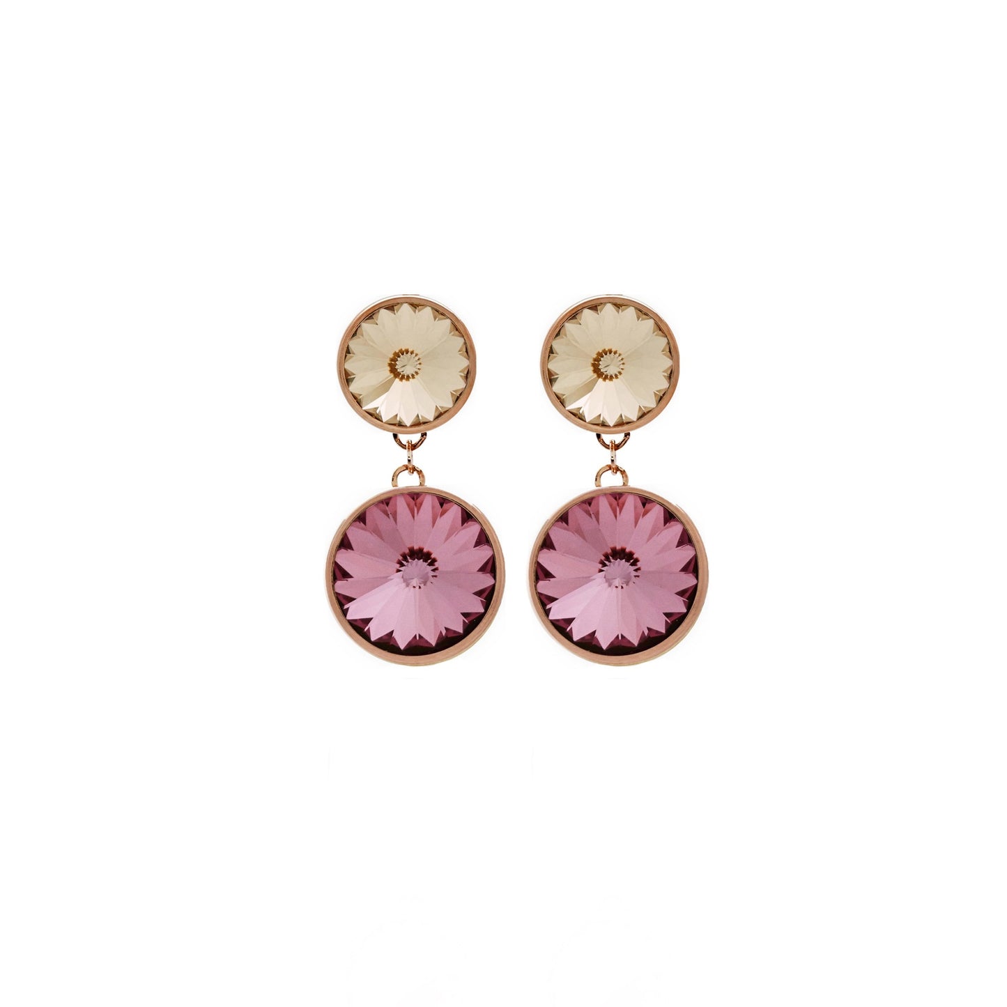 Pendientes cortos 9 y 11,5mm círculo cristal en Plata baño Oro Rosa de Basic