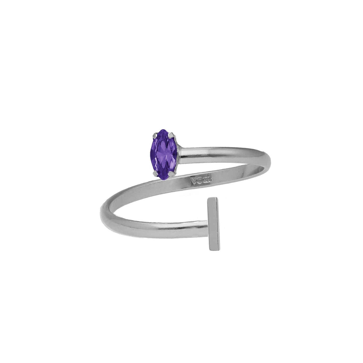 Anillo ajustable personalizado letra morado en Plata baño rodio de Thename