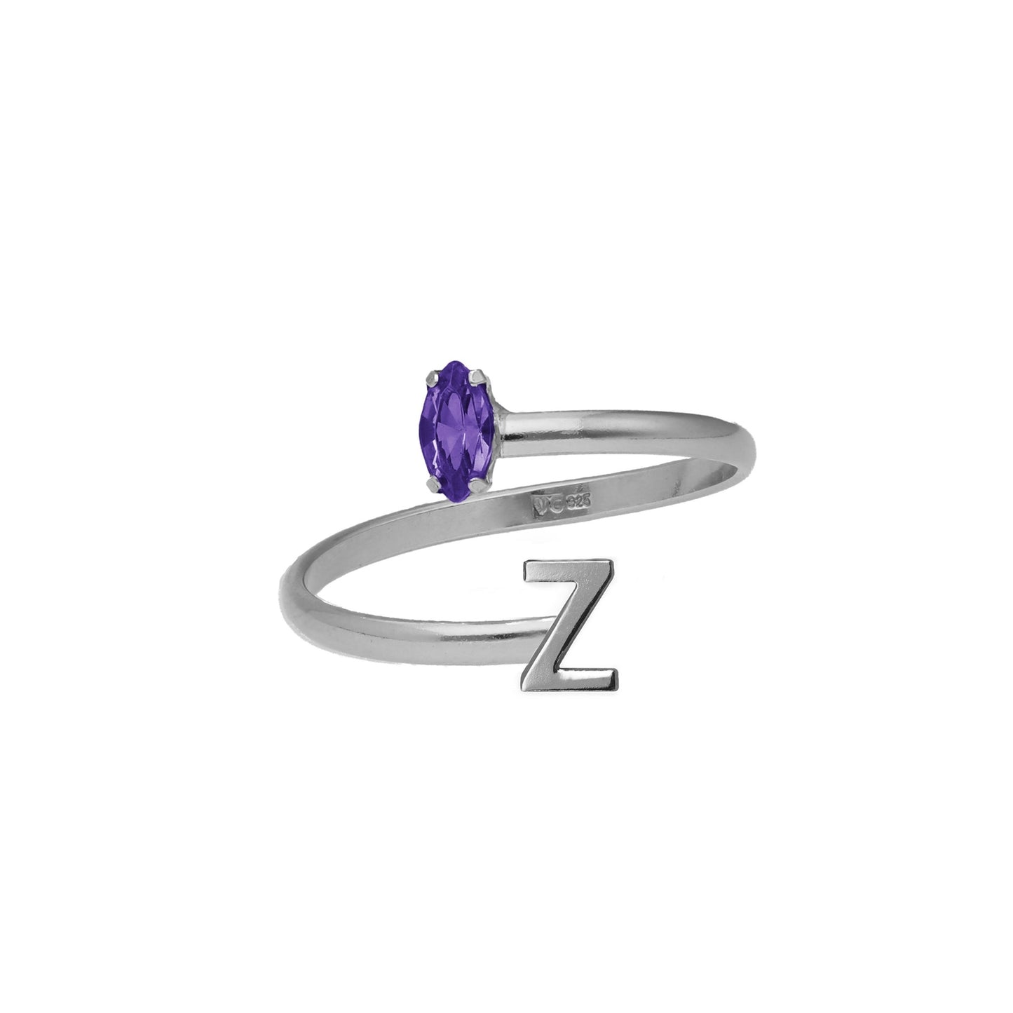 Rhodium Plated Sterling Silver Personalized adjustable ring letter purple from Thename