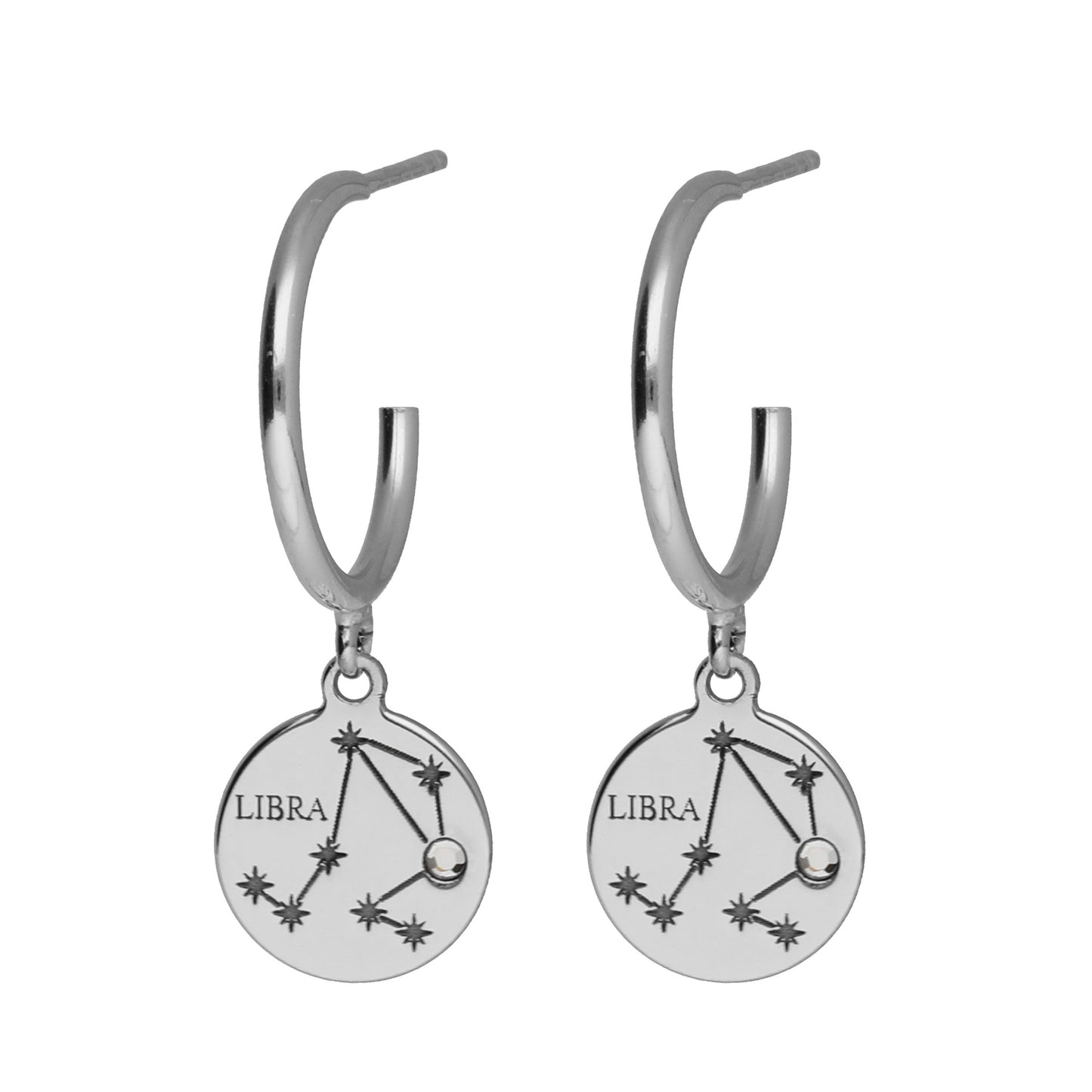 Rhodium Plated Sterling Silver Hoop earrings horoscope white crystal from Zodiac