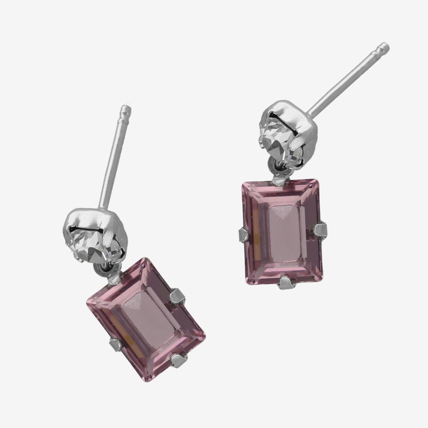 Pendientes cortos rectángulo cristal rosa en Plata baño rodio de Serenity