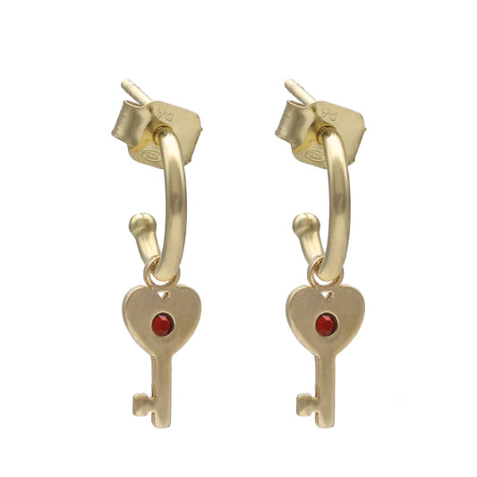 Pendientes aro llave cristal rojo en Plata