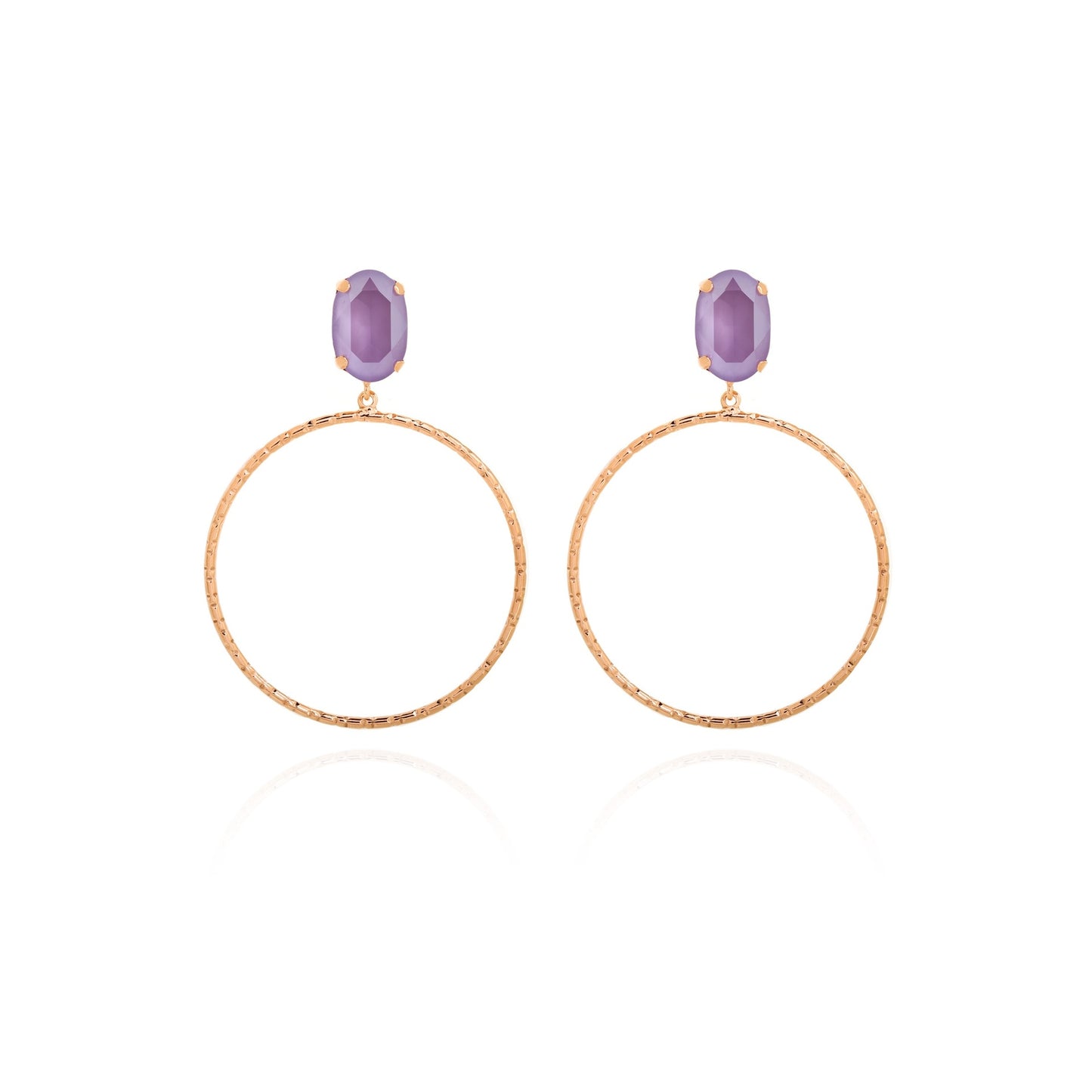 Pendientes aro oval cristal morado en Plata baño Oro Rosa de Lilac