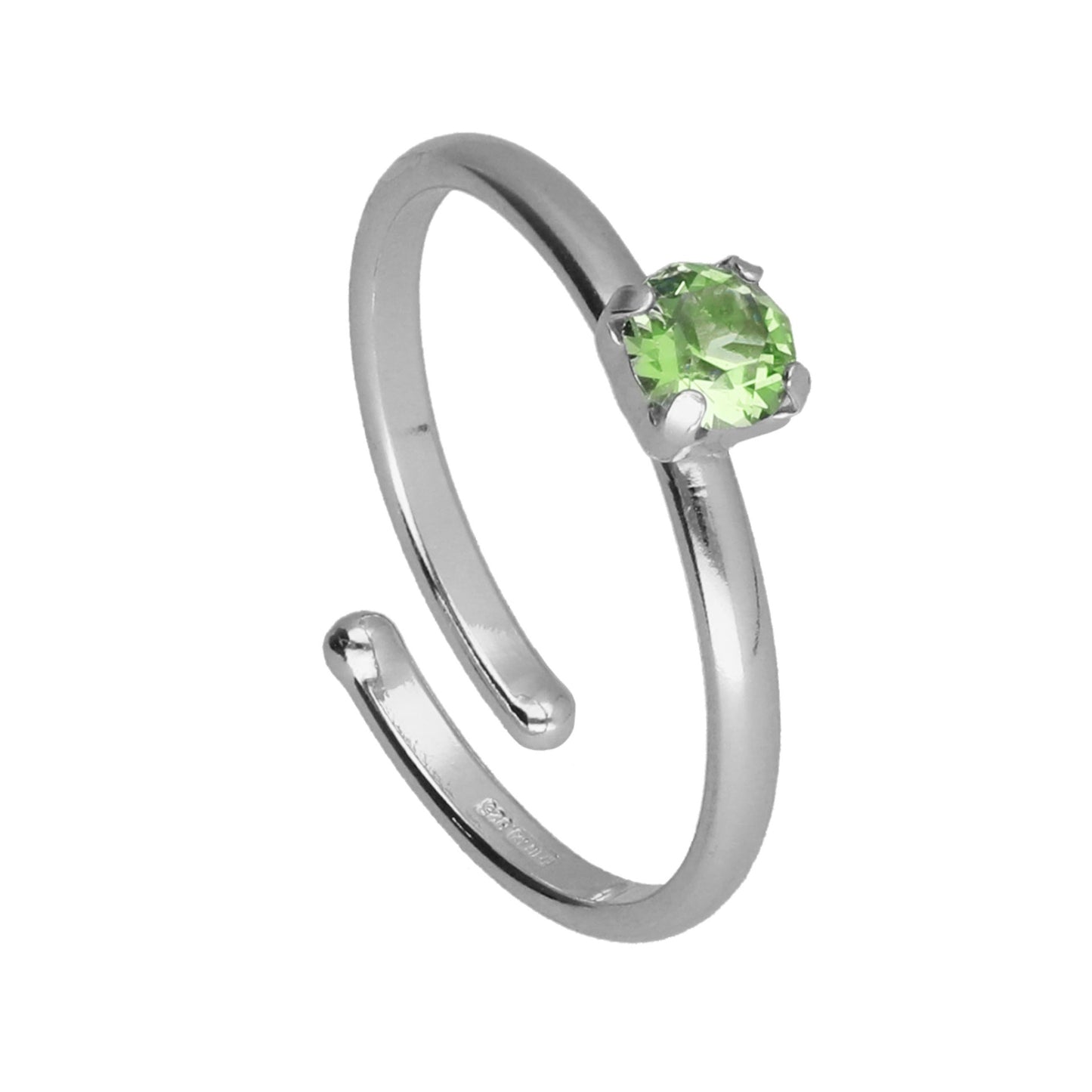 Adjustable solitaire ring with crystal in rhodium plated silver from Clarity