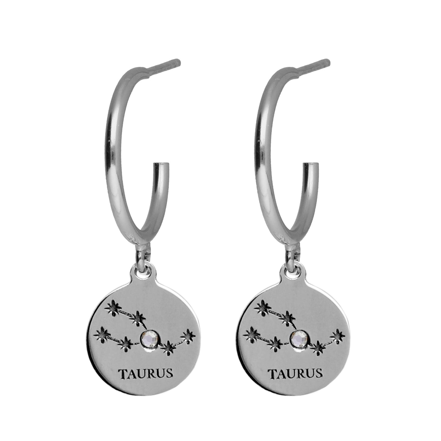 Rhodium Plated Sterling Silver Hoop earrings horoscope white crystal from Zodiac