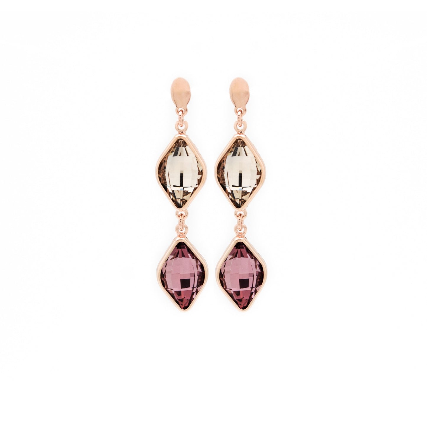 Pendientes largos rombo cristal en Plata baño Oro Rosa de Classic