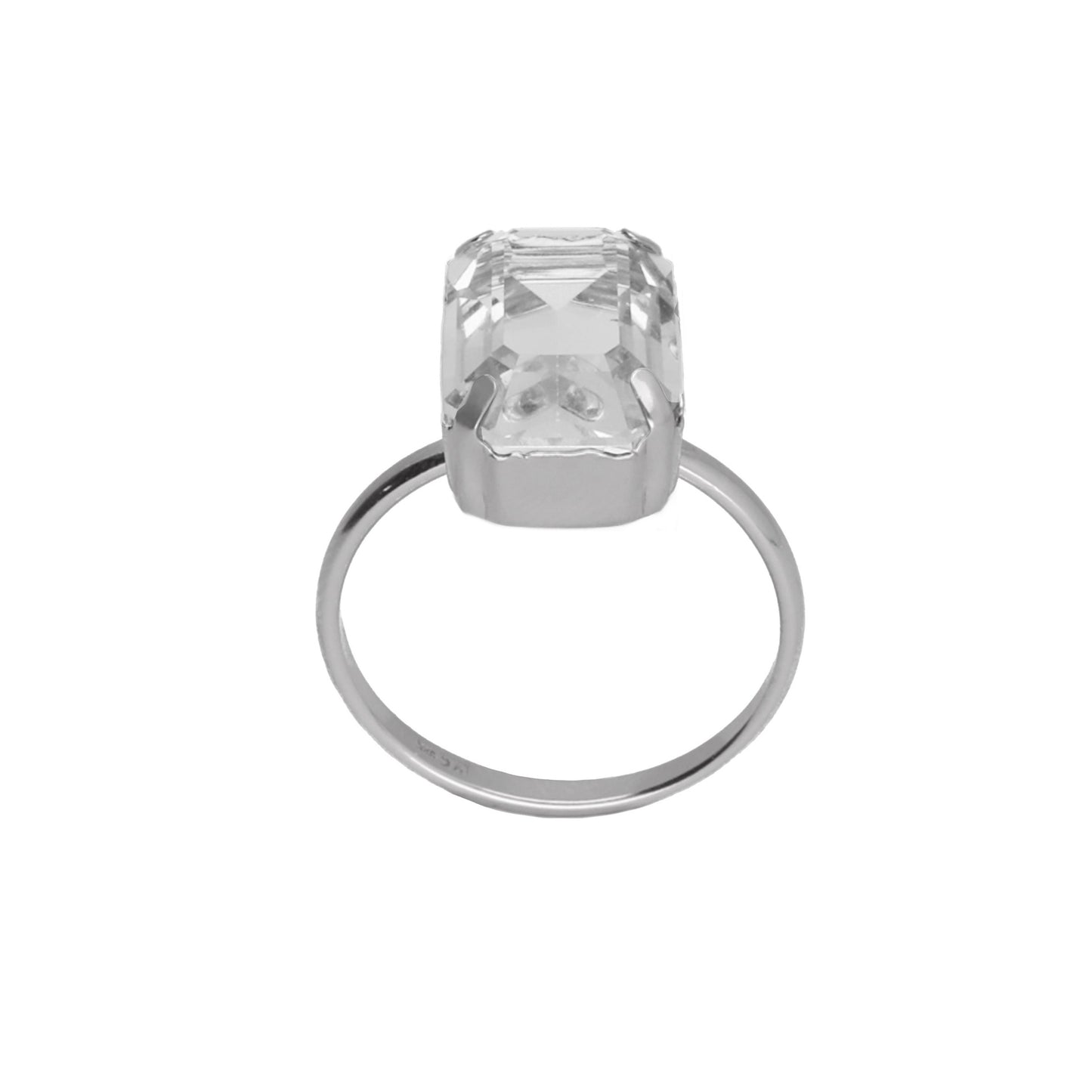 Rhodium Plated Sterling Silver Adjustable ring rectangle white crystal from Helena