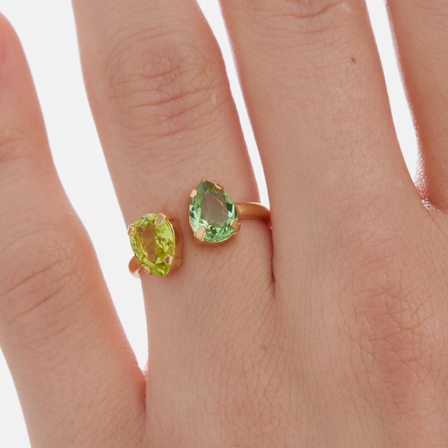 Gold plated Sterling Silver Adjustable ring drop green crystal from Glory