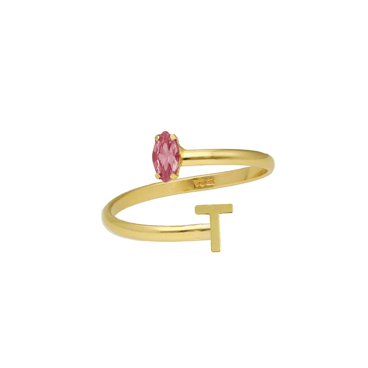 Anillo ajustable personalizados letra rosa en Plata baño Oro de Thename