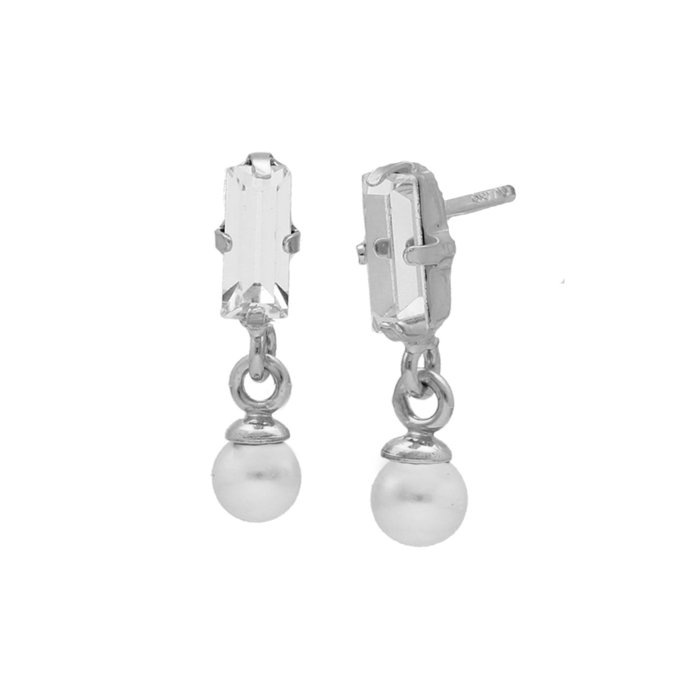 Pendientes cortos cristales y perlas blanco en Plata de Charlotte