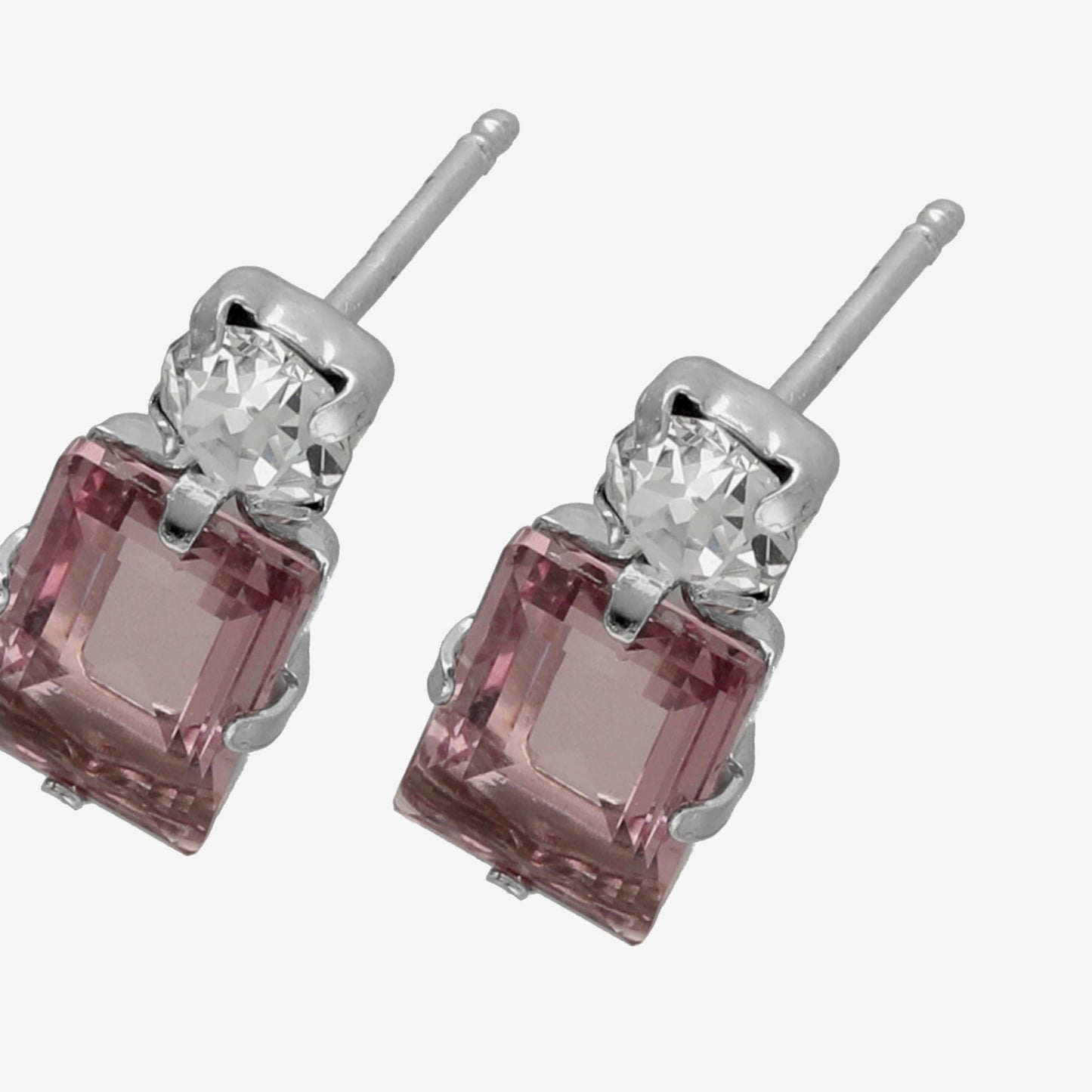 Pendientes botón rectángulo cristal rosa en Plata baño rodio de Serenity