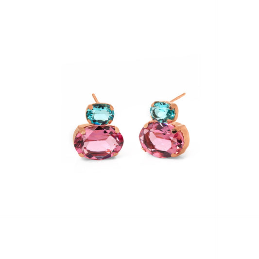 Pendientes cortos oval cristal rosa en Plata baño Oro Rosa de Oval