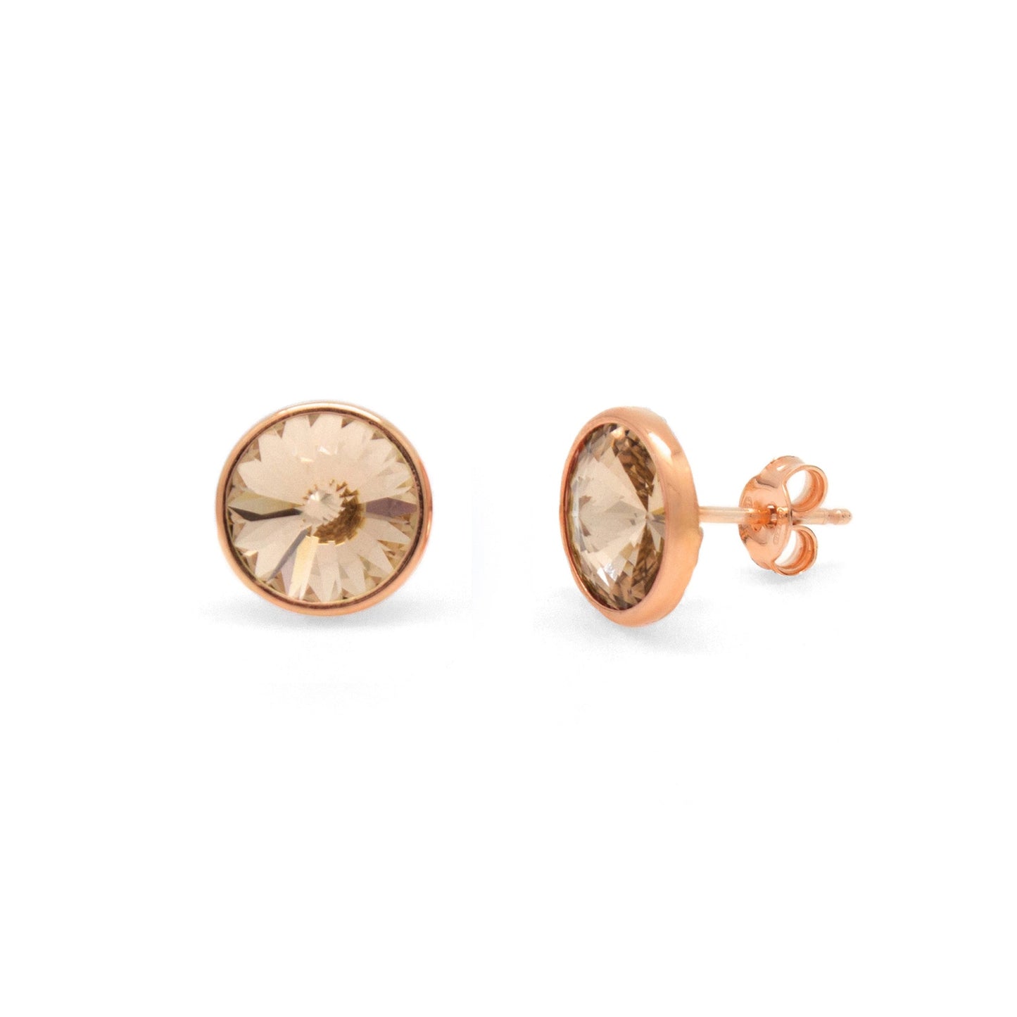 Rose Gold plated Sterling Silver Stud earrings 9mm circle crystal from Basic