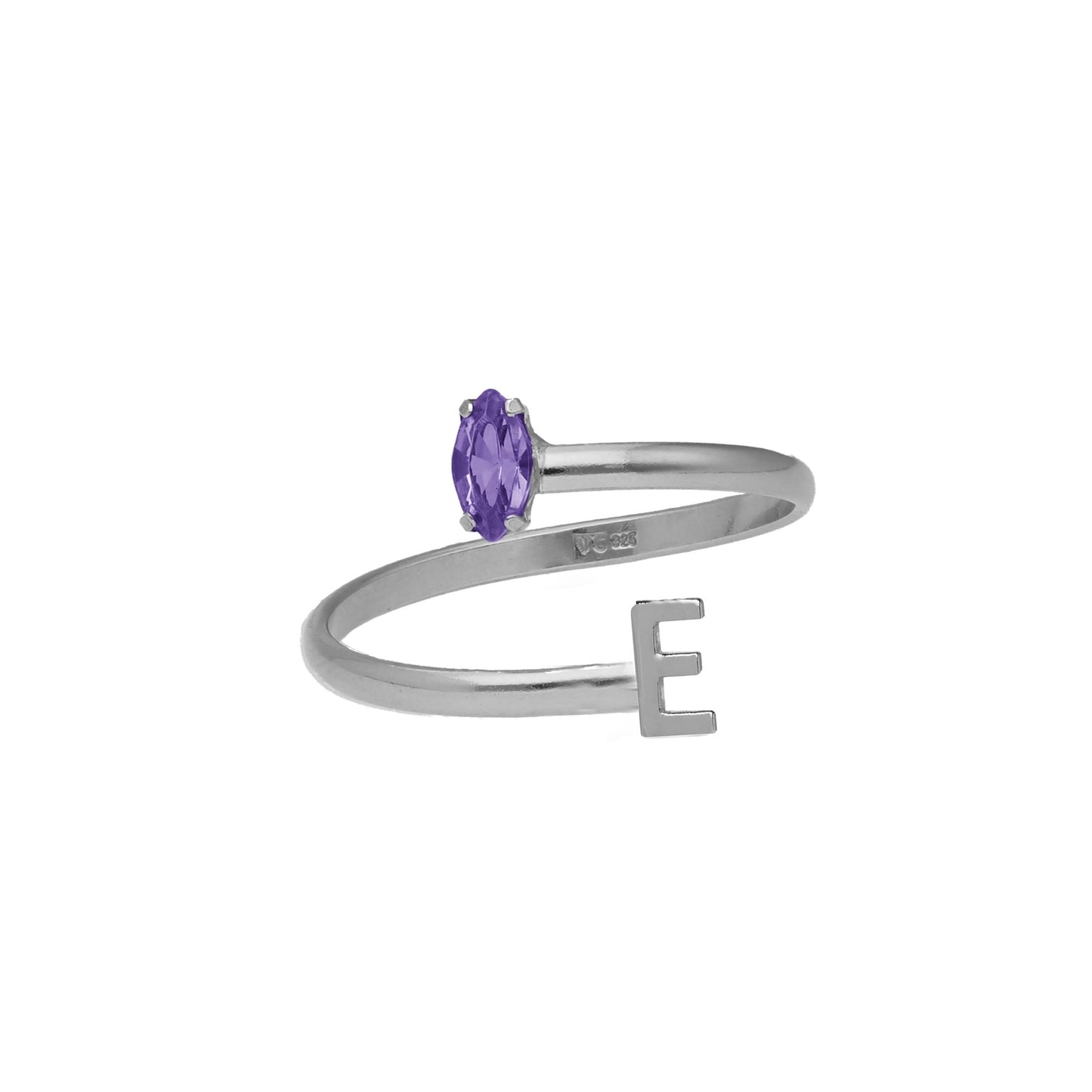 Anillo ajustable personalizado letra morado en Plata baño rodio de Thename