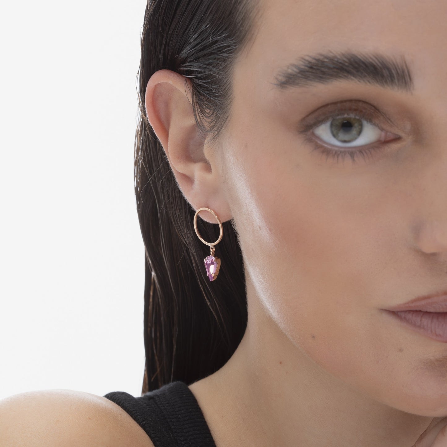 Pendientes aro cristal rosa en Plata baño Oro Rosa de Hoop