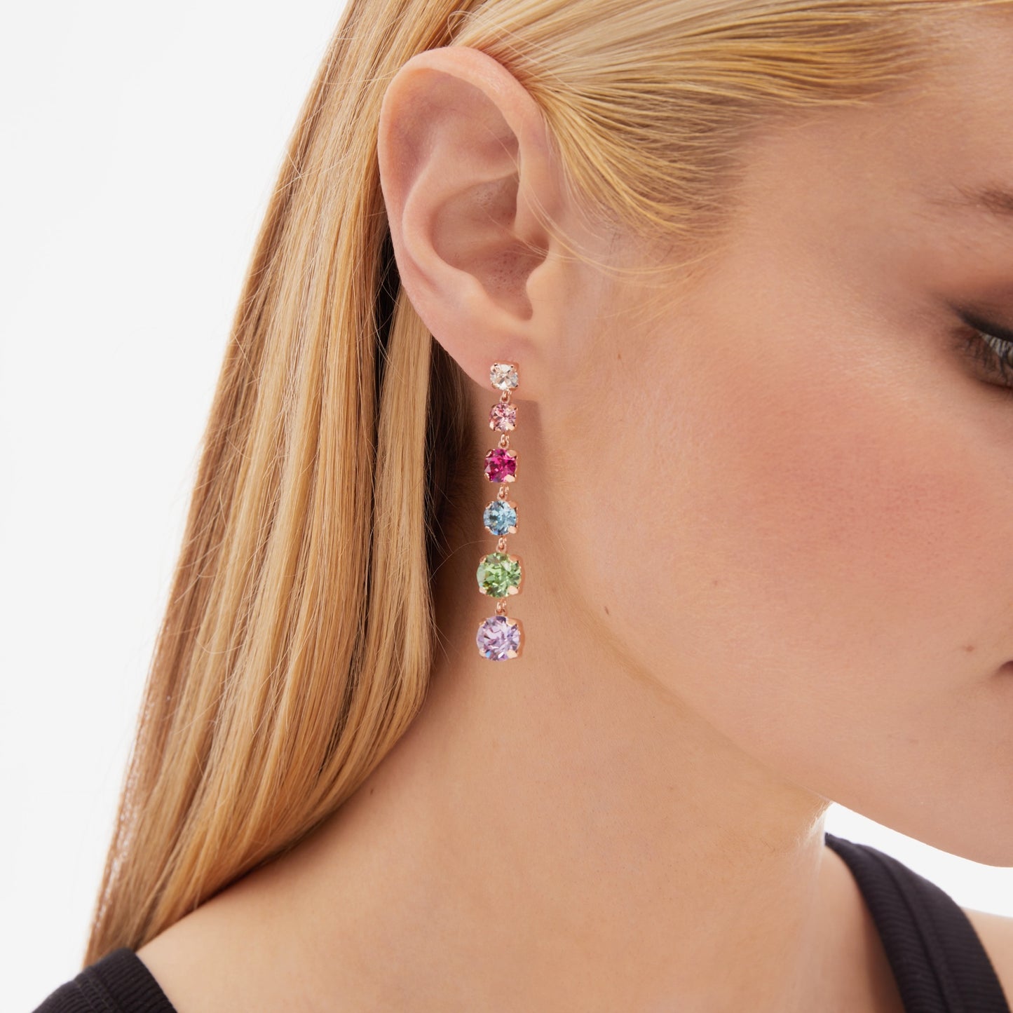 Pendientes largos cascada cristal multicolor en Plata baño Oro Rosa de Celine