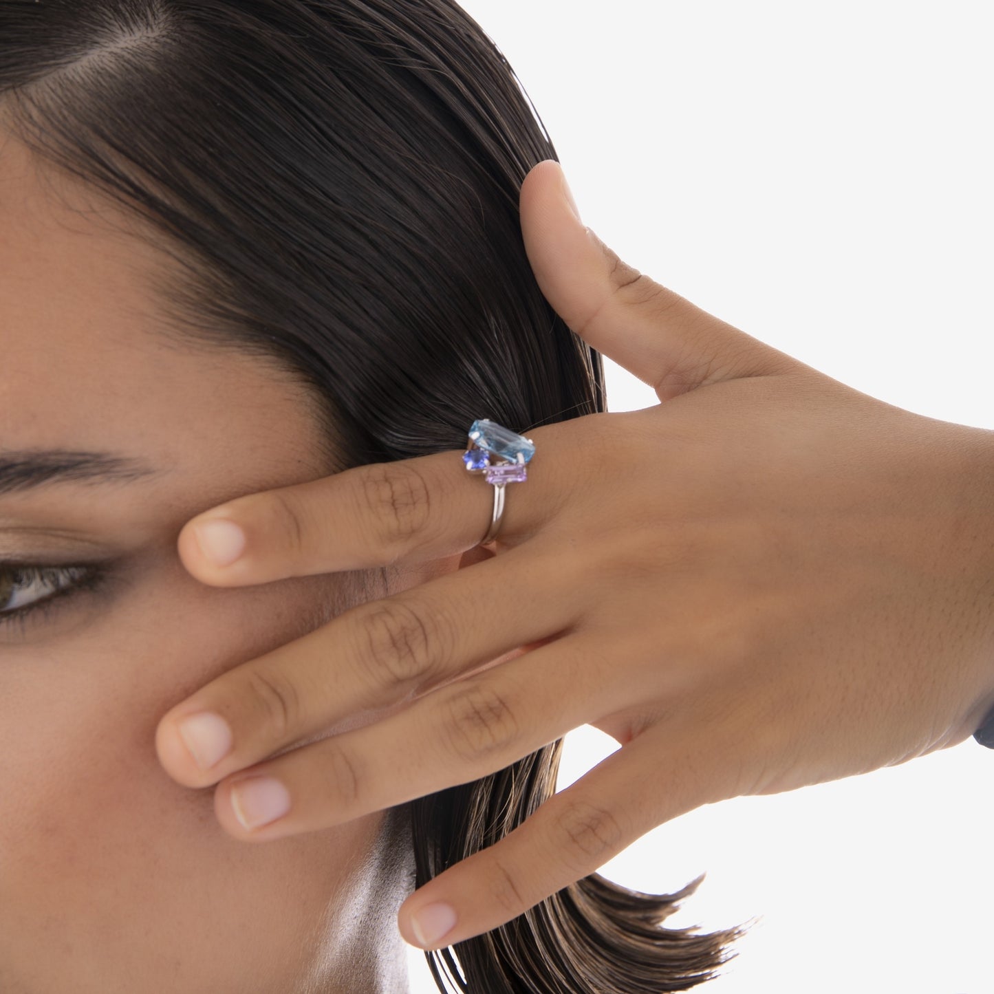 Rhodium Plated Sterling Silver Adjustable ring rectangle blue crystal from Inspire