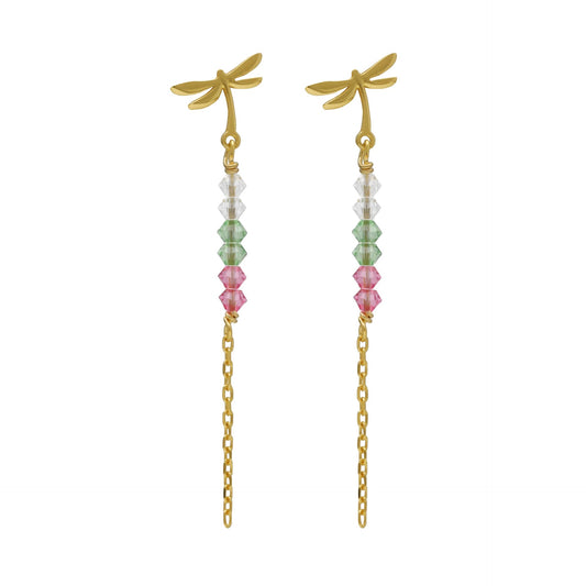 Pendientes largos libélula cristal multicolor en Plata baño Oro de Bliss