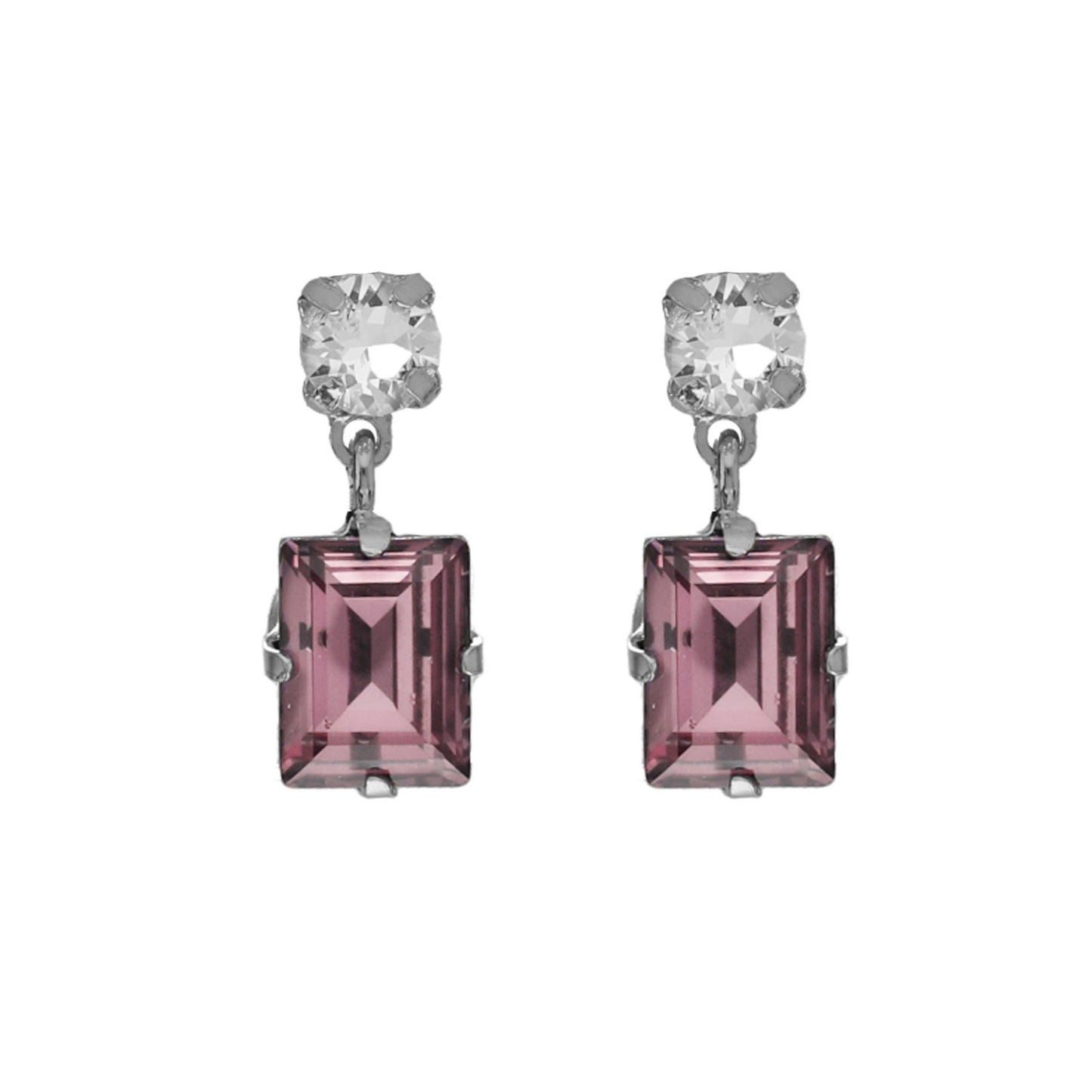 Pendientes cortos rectángulo cristal rosa en Plata baño rodio de Serenity