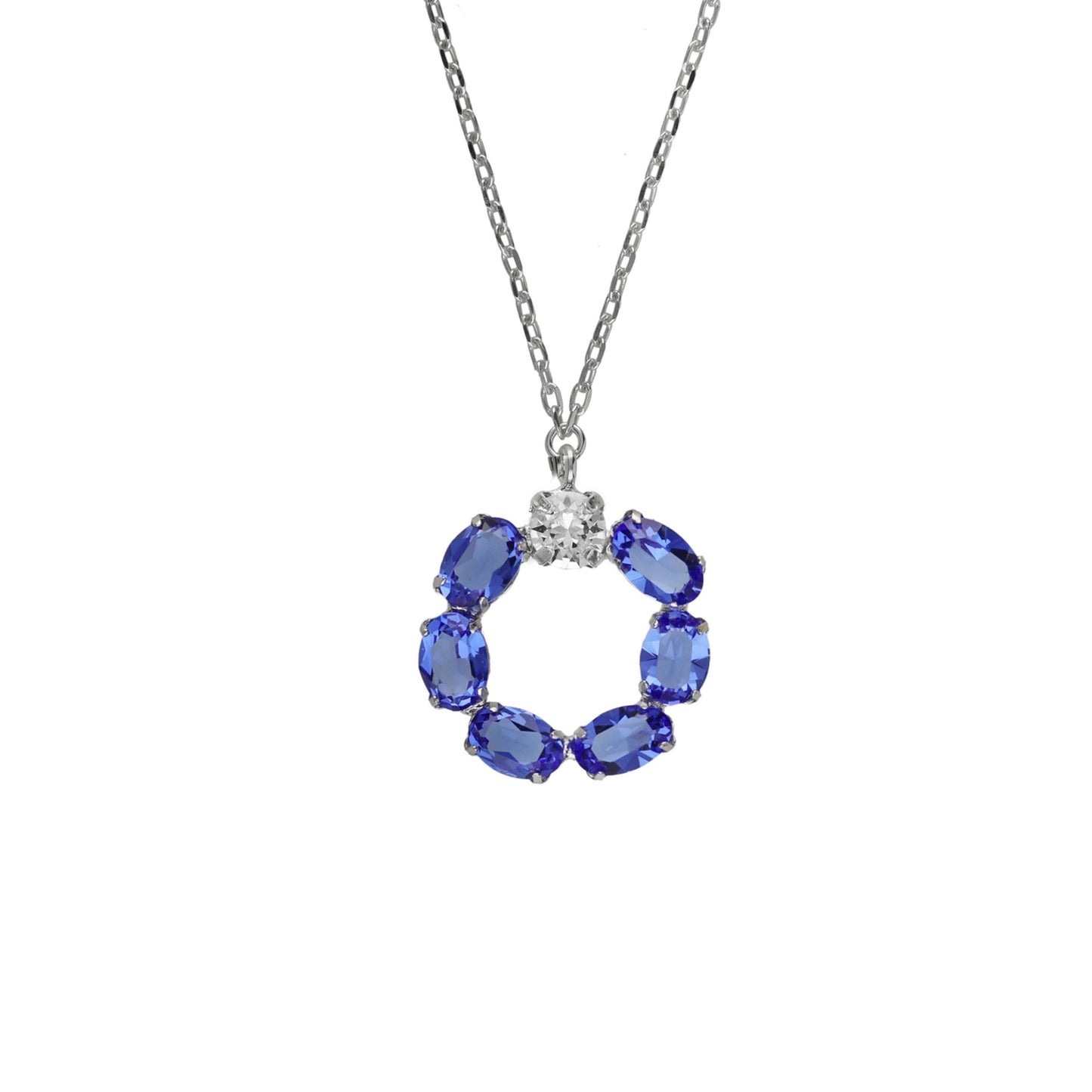 Rhodium Plated Sterling Silver Short necklace circle blue crystal from Harmony