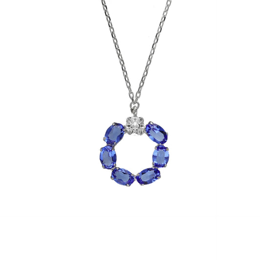 Rhodium Plated Sterling Silver Short necklace circle blue crystal from Harmony