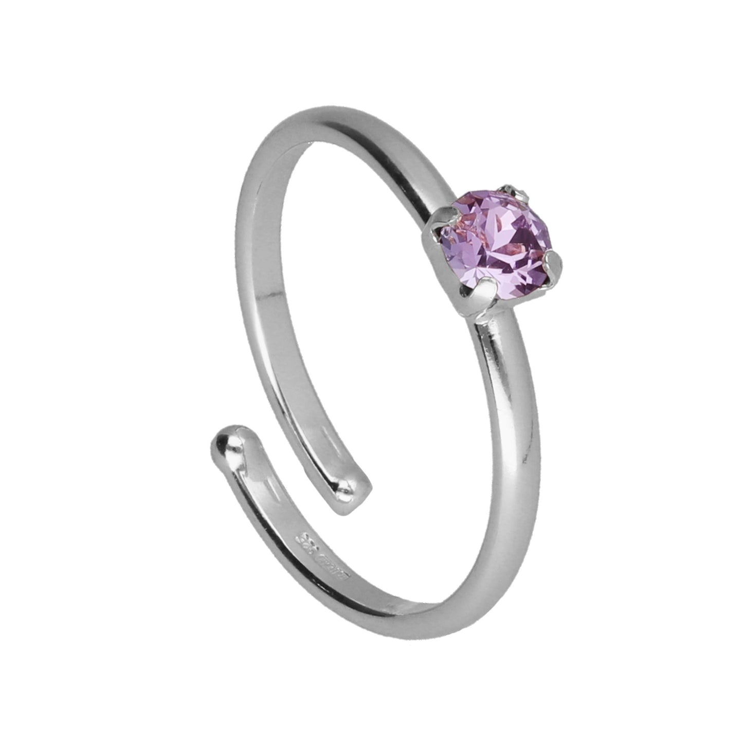 Adjustable solitaire ring with crystal in rhodium plated silver from Clarity