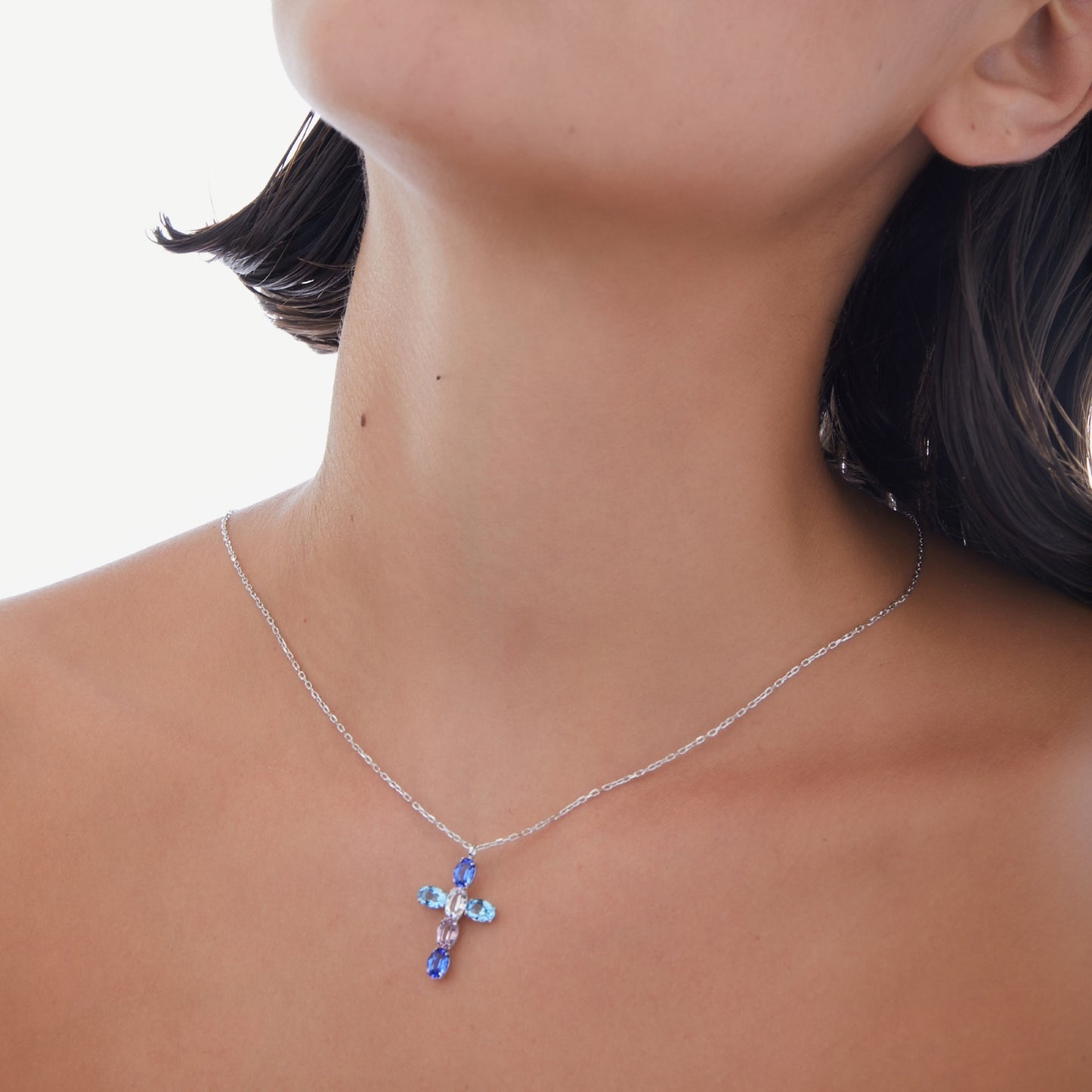 Rhodium Plated Sterling Silver Short necklace cross blue crystal from Harmony