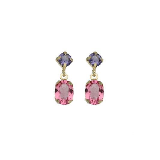 Pendientes cortos oval cristal rosa en Plata baño Oro de Sabina