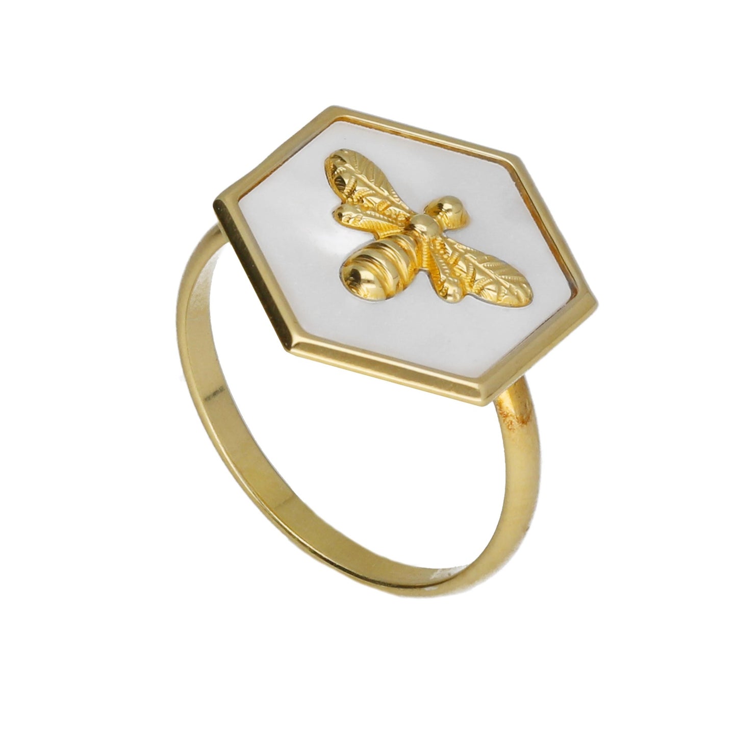 Gold plated Sterling Silver Adjustable ring bee mother of pearl from Honey