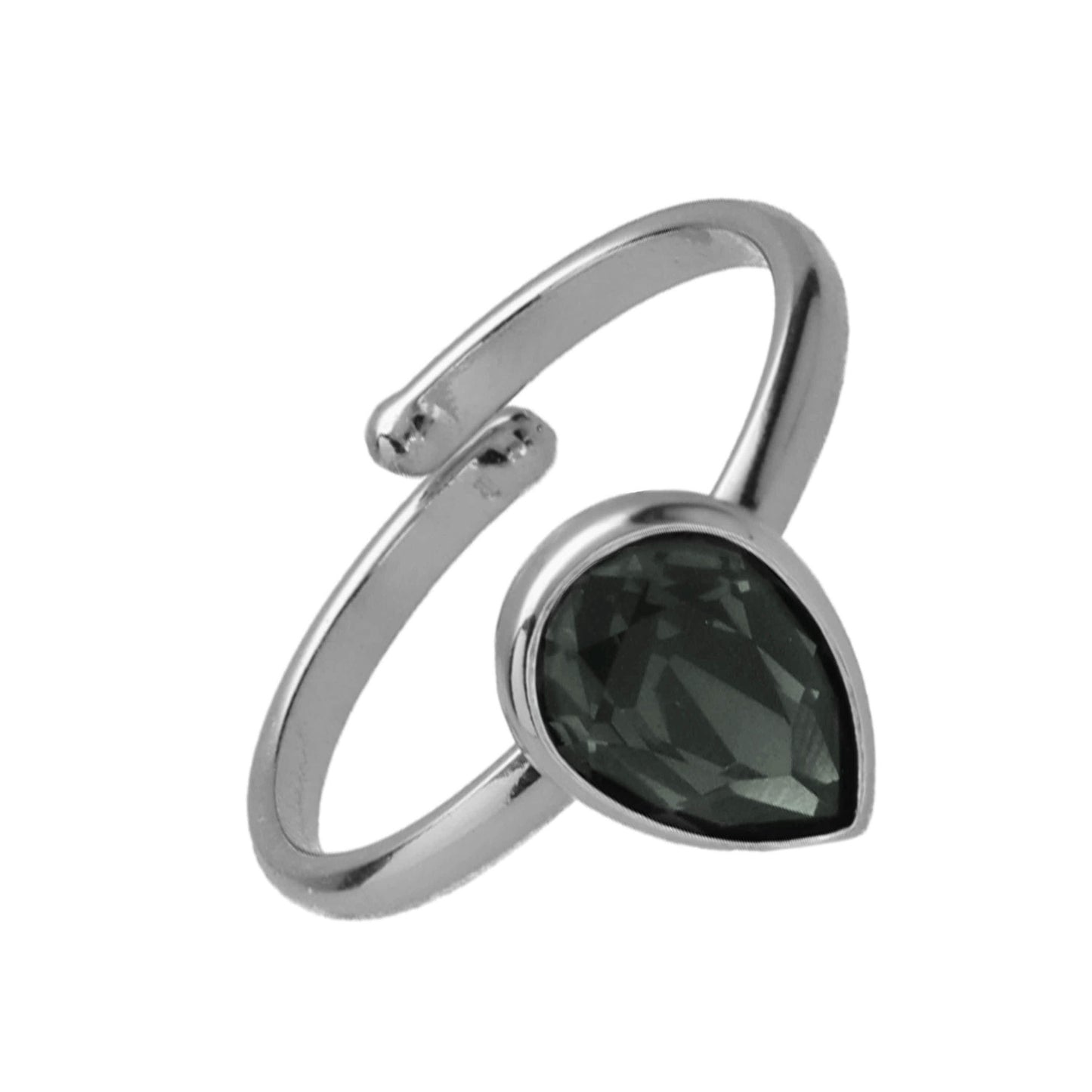 Anillo ajustable lágrima cristal negro en Plata baño rodio de Fullness