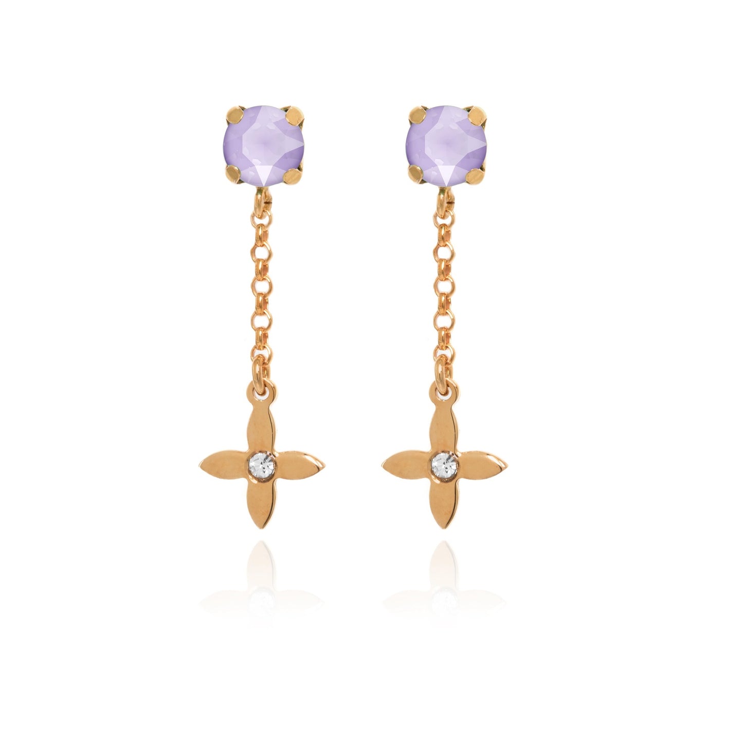 Pendientes largos flor cristal morado en Plata baño Oro Rosa de Vega