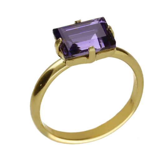 Anillo ajustable rectángulo cristal morado en Plata baño Oro de Serenity