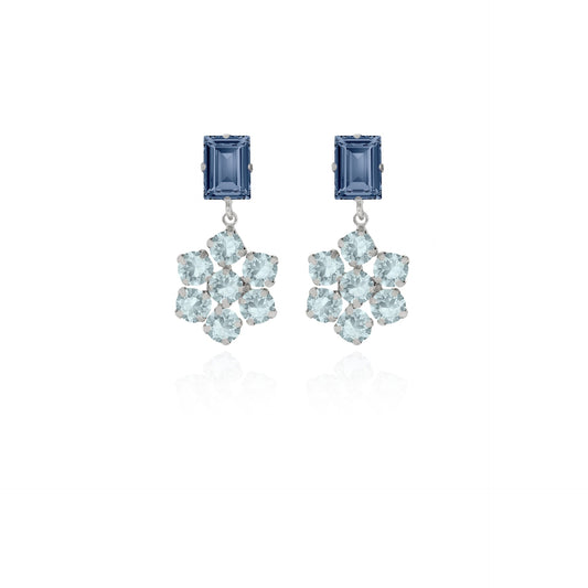 Pendientes largos flor cristal azul en Plata baño rodio de Antonella