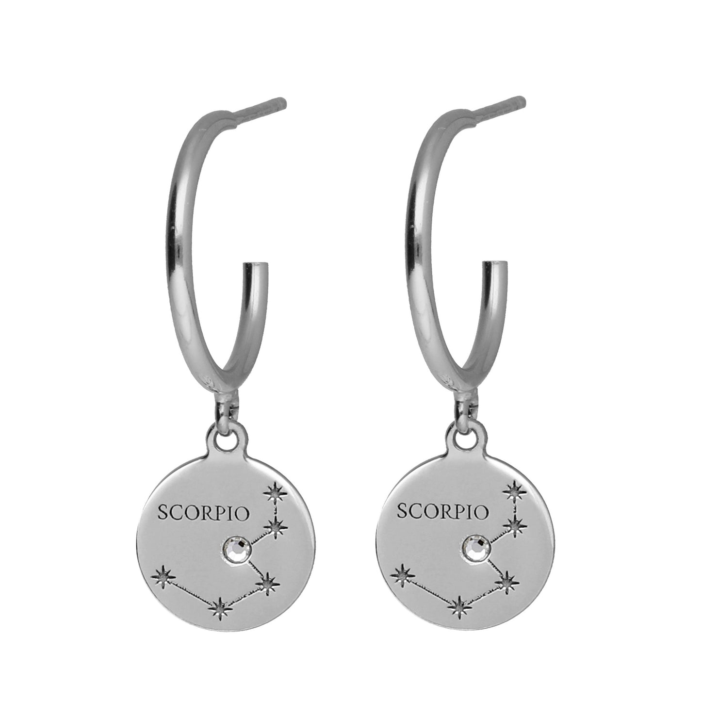 Rhodium Plated Sterling Silver Hoop earrings horoscope white crystal from Zodiac