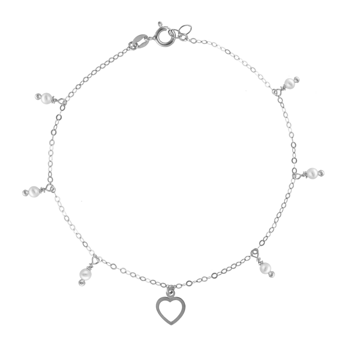 Rhodium Plated Sterling Silver Anklet heart pearl