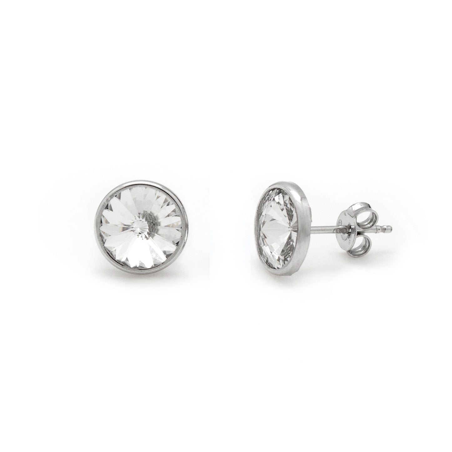 Rhodium Plated Sterling Silver Stud earrings 9mm circle crystal from Basic