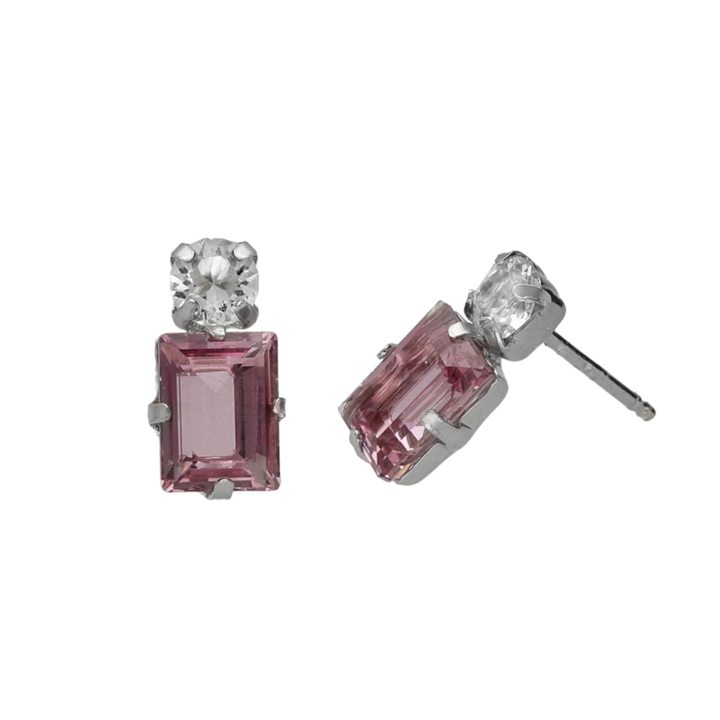 Pendientes botón rectángulo cristal rosa en Plata baño rodio de Serenity