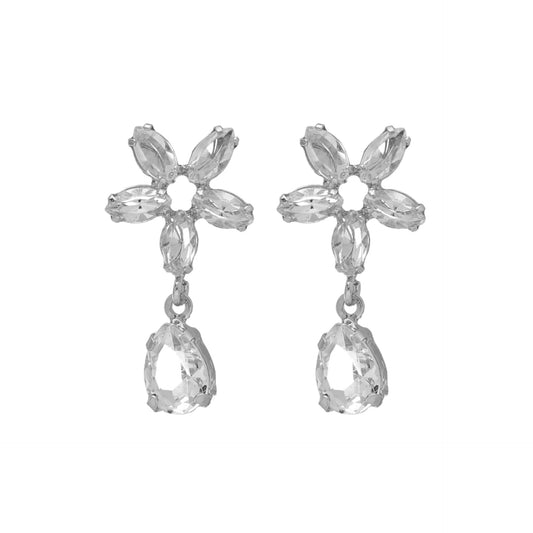 Rhodium Plated Sterling Silver Long earrings flower white crystal from Grace