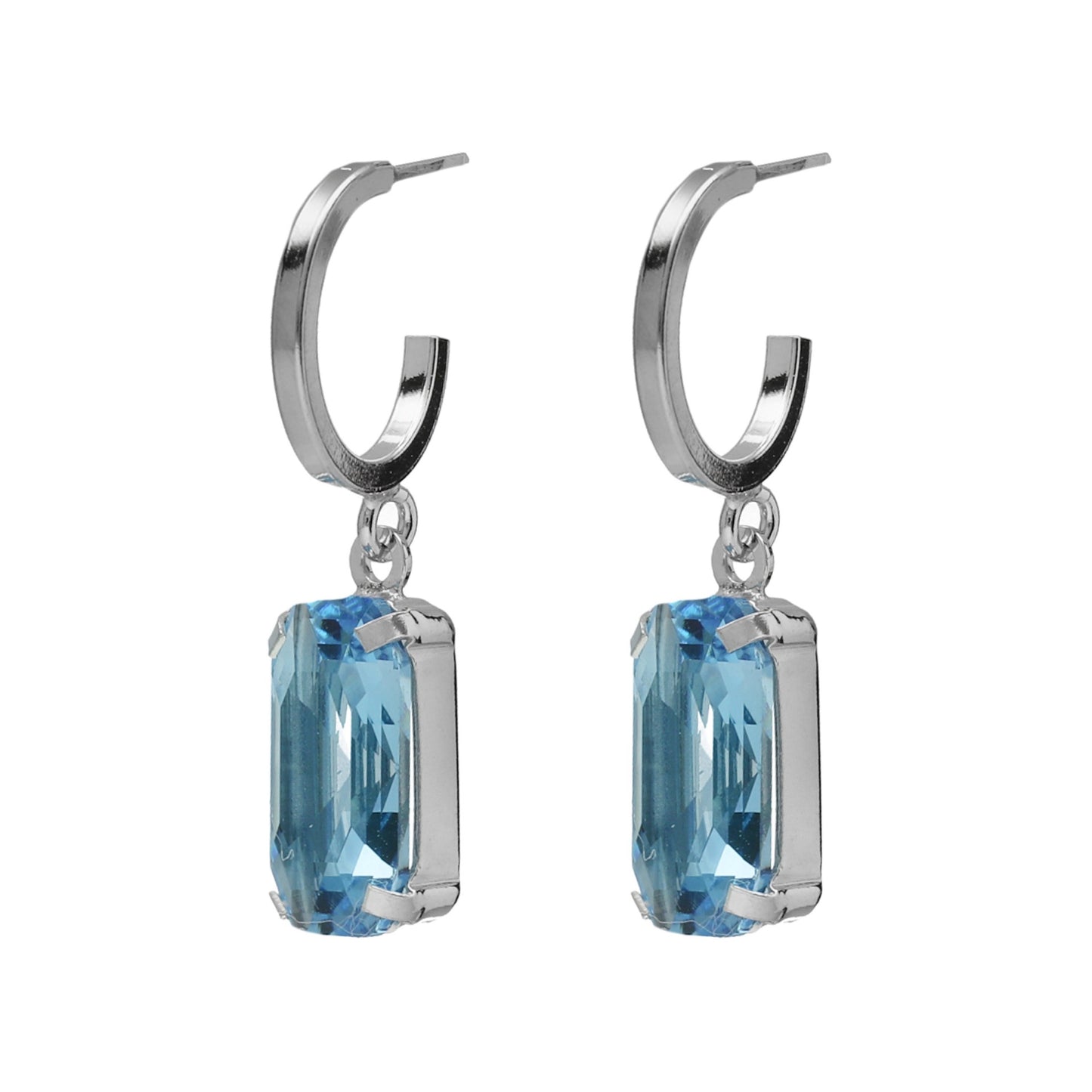 Rhodium Plated Sterling Silver Hoop earrings rectangle blue crystal from Inspire