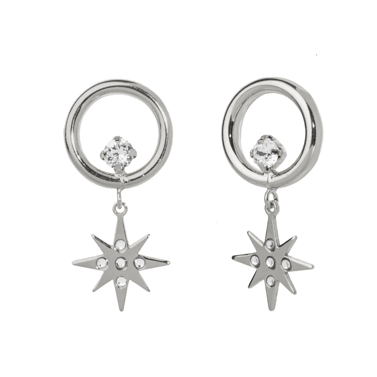 Rhodium Plated Sterling Silver Long earrings star white crystal from Rebekka