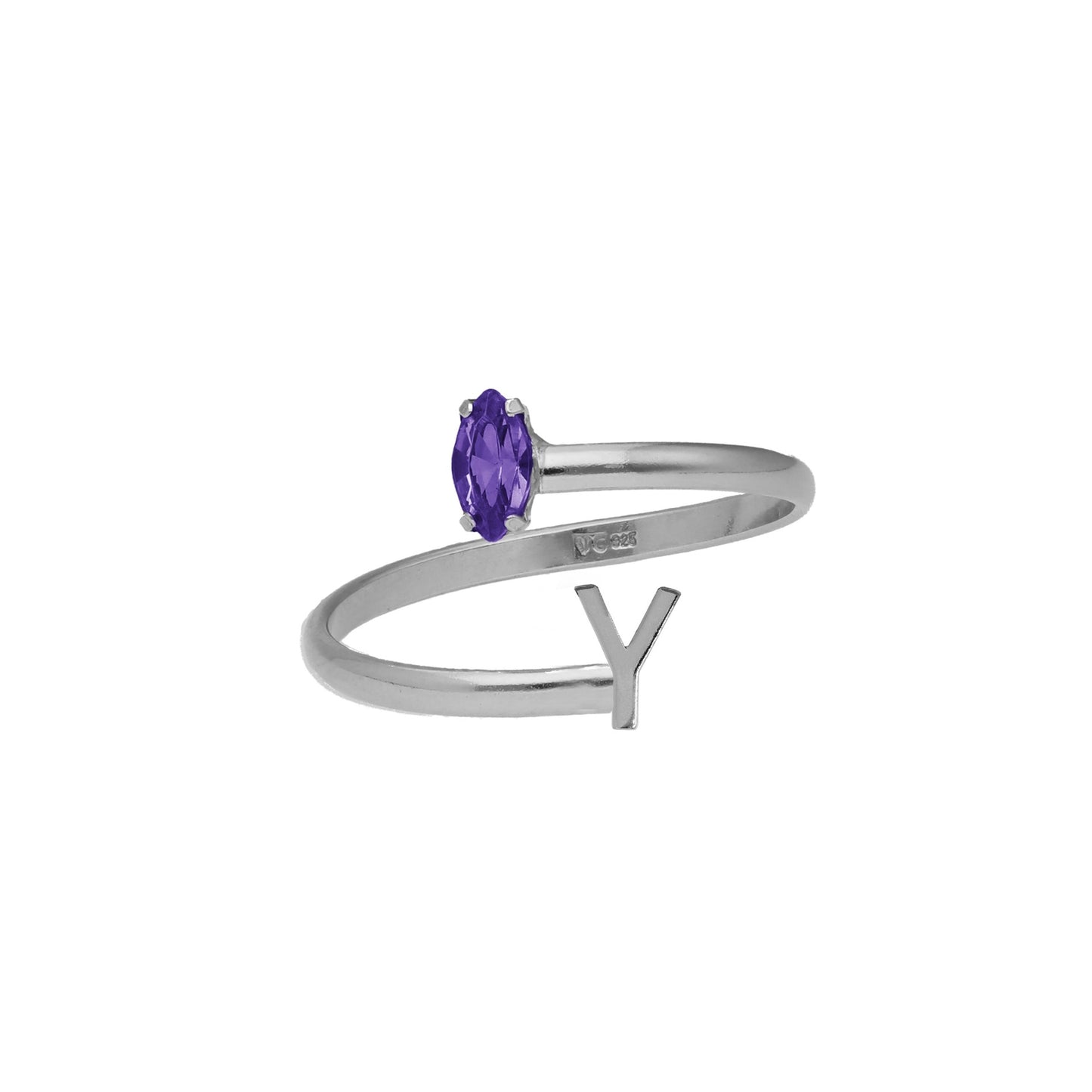 Rhodium Plated Sterling Silver Personalized adjustable ring letter purple from Thename