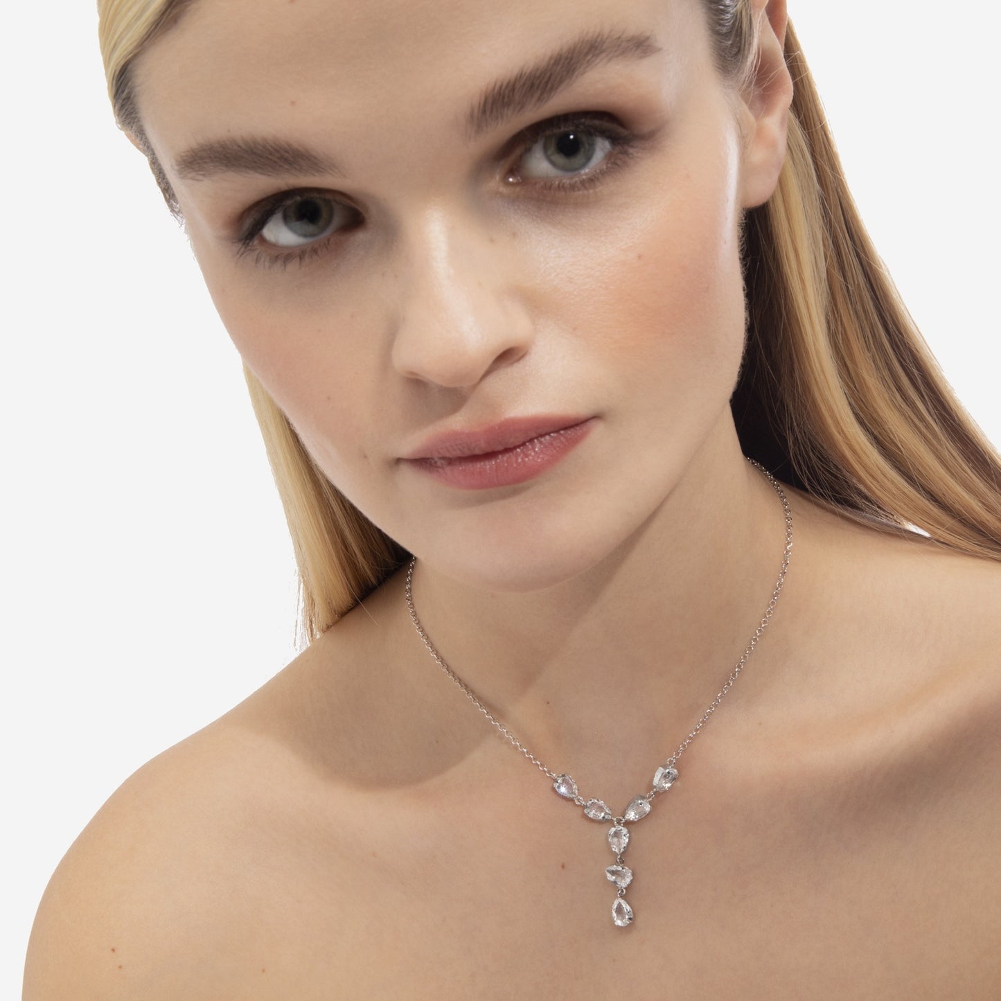 Rhodium Plated Sterling Silver Short necklace drop white crystal from Magnolia